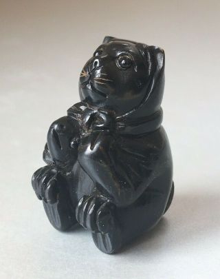 Signed Antique Japanese Stained Dark Wood Netsuke,  Cat / Kitten With Fish