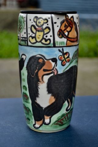 Bernese Mountain Dog.  Handpainted Ceramic Travel Mug.  Ooak.  Look