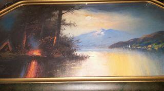 Antique Pastel & Oil On Board Painting Campfire By Lake Octagon Frame