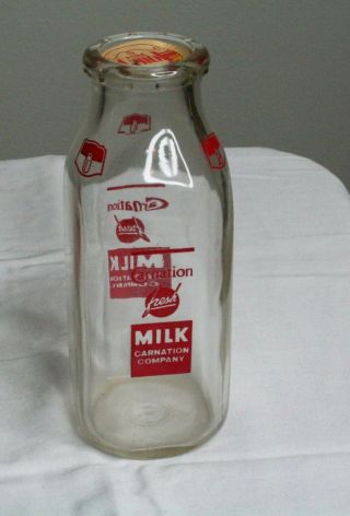 Vintage Carnation Company Fresh Milk Glass Bottle Pint W/cap
