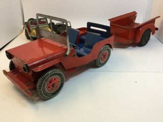 Vintage Marx Lumar Pressed Steel Willys Jeep And Trailer Red Blue Tin Wheels