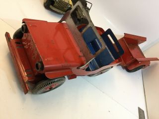 VINTAGE MARX LUMAR PRESSED STEEL WILLYS JEEP AND TRAILER RED BLUE TIN WHEELS 2