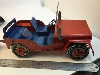 VINTAGE MARX LUMAR PRESSED STEEL WILLYS JEEP AND TRAILER RED BLUE TIN WHEELS 4