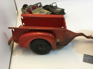 VINTAGE MARX LUMAR PRESSED STEEL WILLYS JEEP AND TRAILER RED BLUE TIN WHEELS 5