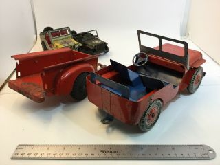 VINTAGE MARX LUMAR PRESSED STEEL WILLYS JEEP AND TRAILER RED BLUE TIN WHEELS 6