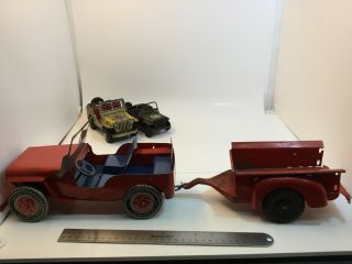 VINTAGE MARX LUMAR PRESSED STEEL WILLYS JEEP AND TRAILER RED BLUE TIN WHEELS 8