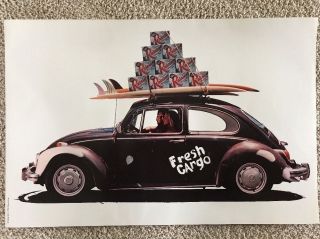 Nos Vintage Rare Rainier Beer Poster,  Fresh Cargo Vw Beetle Surfing