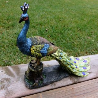 Peacock Figurine Decor Colorful Display New13.  5 X 10 In.  Resin Ornament Feathers