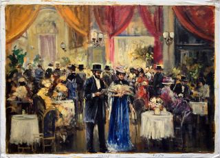 Eniko Esposito - " Restaurant " Painting Oil On Canvas Signed Lower Right