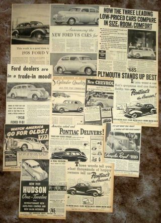 Ford,  Pontiac,  Olds,  Chevy,  Plymouth,  Others - - 12 1938 Newspaper Car Ads