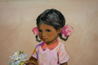 Wonderful Luis Amendolla (1928 - 2000) Mexican Oil Painting C.  1970,  Girl Flowers