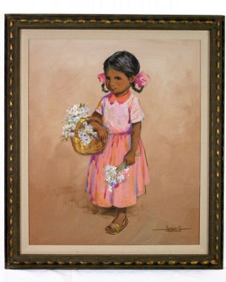 WONDERFUL Luis Amendolla (1928 - 2000) MEXICAN oil painting c.  1970,  Girl Flowers 2
