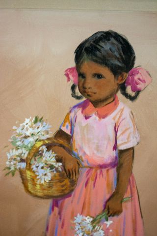 WONDERFUL Luis Amendolla (1928 - 2000) MEXICAN oil painting c.  1970,  Girl Flowers 4