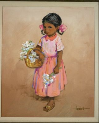 WONDERFUL Luis Amendolla (1928 - 2000) MEXICAN oil painting c.  1970,  Girl Flowers 7