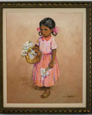 WONDERFUL Luis Amendolla (1928 - 2000) MEXICAN oil painting c.  1970,  Girl Flowers 8