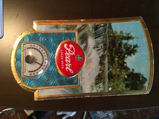 Vintage Tin Foil Over Cardboard Pearl Lager Beer Advertising With Thermometer
