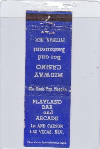 Playland Bar And Arcade - 1st And Carson Matchcover (1944) Las Vegas,  Nevada