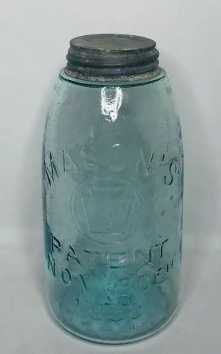 Vintage Masons Patent Nov.  30th 1858 Midget Blue Glass Fruit Jar Key Zinc Lid