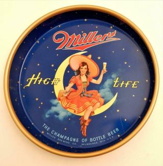 Vtg Nos 13 " Miller High Life Girl On Moon Beer Drink Serving Metal Tray By Canco