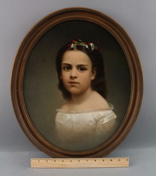 19th Century Antique American Oval Portrait Oil Painting,  Young Girl & Bow,  Nr