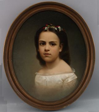 19th Century Antique American Oval Portrait Oil Painting,  Young Girl & Bow,  NR 2