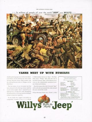 Willys Jeep Ww2 " Yanks Meet Russians " Two Sided Ad Reprint Laminated Ad Art