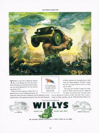 Willys Jeep Ww2 " Tough As Nails " Two Sided Ad Reprint Laminated Ad Art
