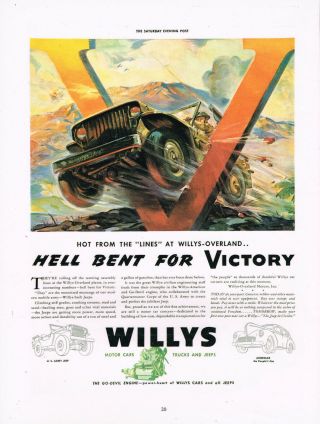 Willys Jeep Ww2 " Hell Bent For Victory " Two Sided Ad Reprint Laminated Ad Art