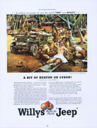 Willys Jeep " A Bit Of Heaven On Luzon " Ww2 Two Sided Ad Reprint Laminated Ad Art
