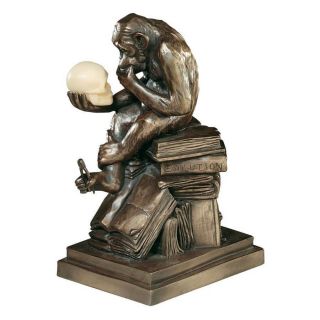 Thinking Ape With Skull Sculpture Darwin Monkey Evolution Bronze Statue