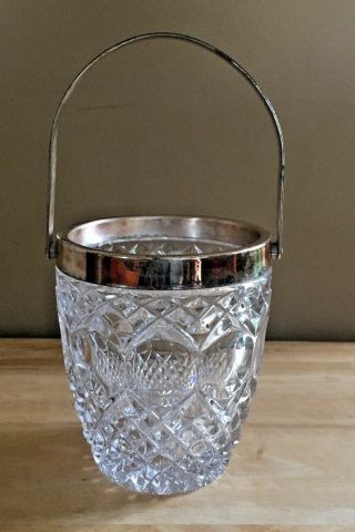 Vintage Crystal Glass Ice Bucket Ep Brass Handle Rim Hoka West Germany