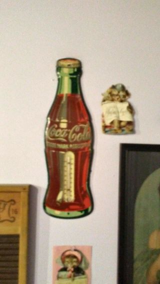 Vintage Coca Cola Metal Sign With Thermometer.  Shape