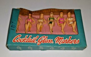 Vintage Sexy Pin Up Bathing Beauty Figural Bar Cocktail Glass Drink Marker Set
