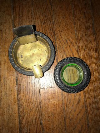 2 1950s Vintage Small Goodyear Tire Ashtray Green Glass And Brass Rare
