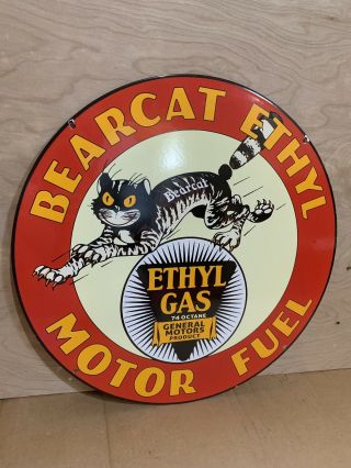 Large Double Sided Bearcat Ethyl Motor Fuel Gasoline Porcelain Sign