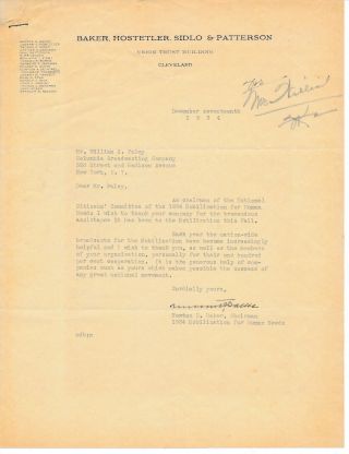 Newton Baker - Letter Signed By The Politician To Cbs Founder William Paley