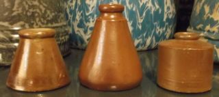 3 Different Old Antique Saltglaze Stoneware Pottery Ink Bottles 2 Are Cone Inks