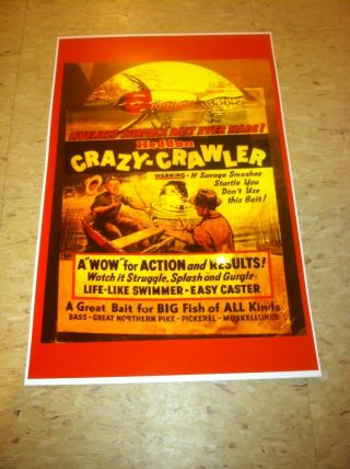 Vintage Heddon Crazy Crawler Fishing Advertisement Poster Man Cave Gift Decor