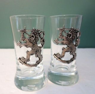 Rare Set Of Two Artina Sks Zinn Shot Glasses W/ Pewter Finland Coat Of Arms
