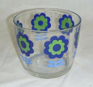 Vtg Mid Century Mod Royal Kendall Glass Ice Bucket Blue Flowers Daisies Groovy