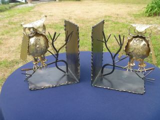 Vintage Retro Mid Century Metal Art Sculpture Copper Brass Owl Bookends Pair