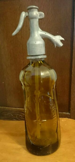 Vintage Amber Panel Seltzer Syphon Bottle Rudolf Scheuchenstein Eagle Topper
