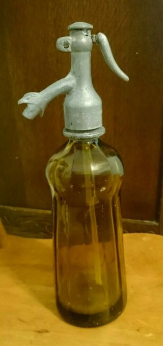 Vintage Amber Panel Seltzer Syphon Bottle Rudolf Scheuchenstein Eagle Topper 3