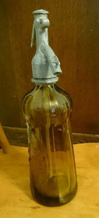 Vintage Amber Panel Seltzer Syphon Bottle Rudolf Scheuchenstein Eagle Topper 4