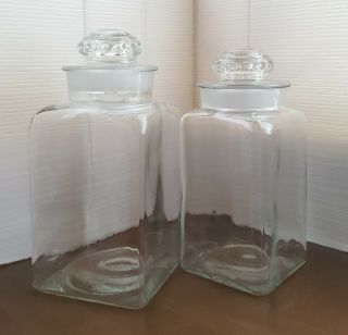 2 Vintage Apothecary Glass Jars Mid - Century Wide - Mouth Square Grounded Fittings