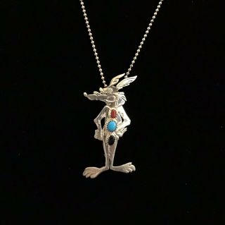 Vintage Navajo Sterling Silver Wile E Coyote Pin Pendant Necklace - Signed: Ede
