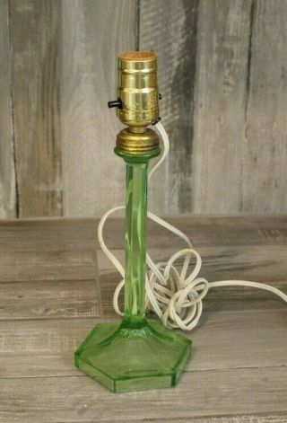 Vintage Antique Green Glass Candlestick Table Lamp Vasline Art Deco Night Stand