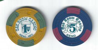 Unc.  Set Of 2 Oak Room Casino Chips Reno,  Nv $1,  $5 Unc.  Rare