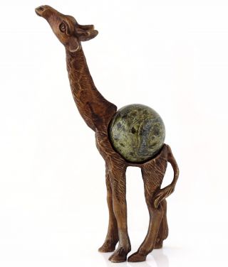 Giraffe Baby Bronze Sculpture Figurine Serpentine Stone Sphere Holder Stand 7 "