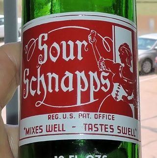 2696 Vintage Green Glass Red White Acl Sour Schnapps Girl Soda Bottle Wichita Ks